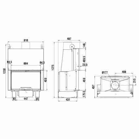 Schéma Foyer à bois étanche Axis KW80 porte relevable