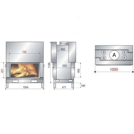 Schéma Foyer à bois étanche Axis KW100 double face porte relevable